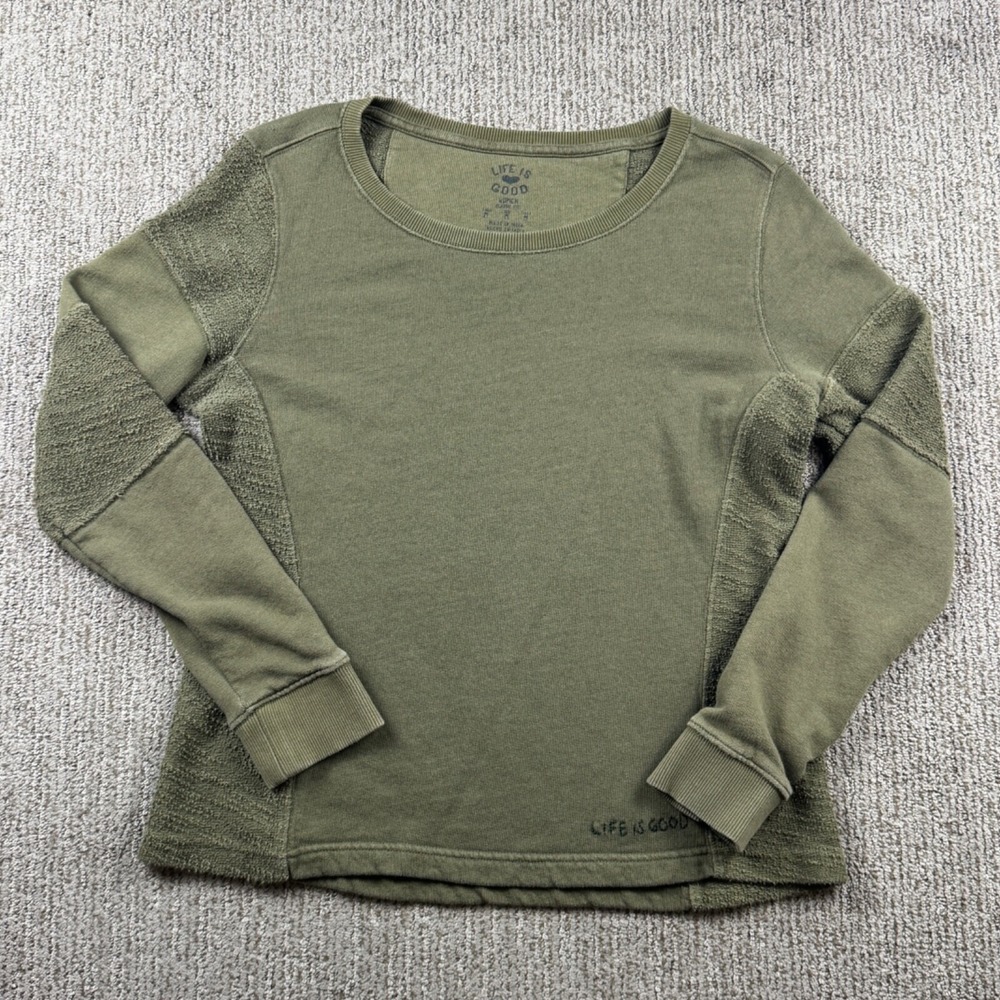 Life is Good Womens M Patchwork Sweatshirt Long Sleeve Pullover Green